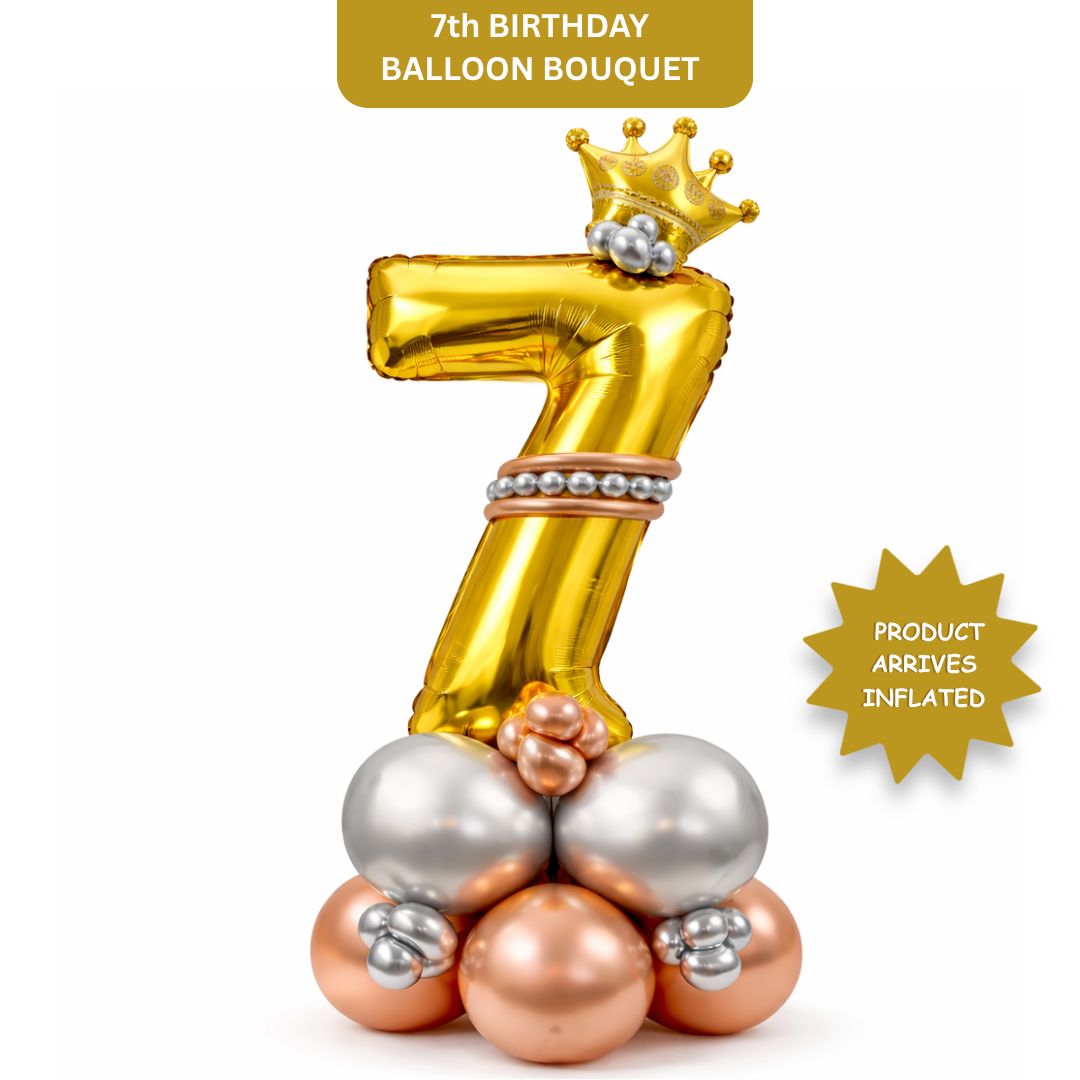 Royal Number 7 Large Golden Balloon Bouquet Arrangement with Small Crown & Silver, Rosegold Latex Balloons