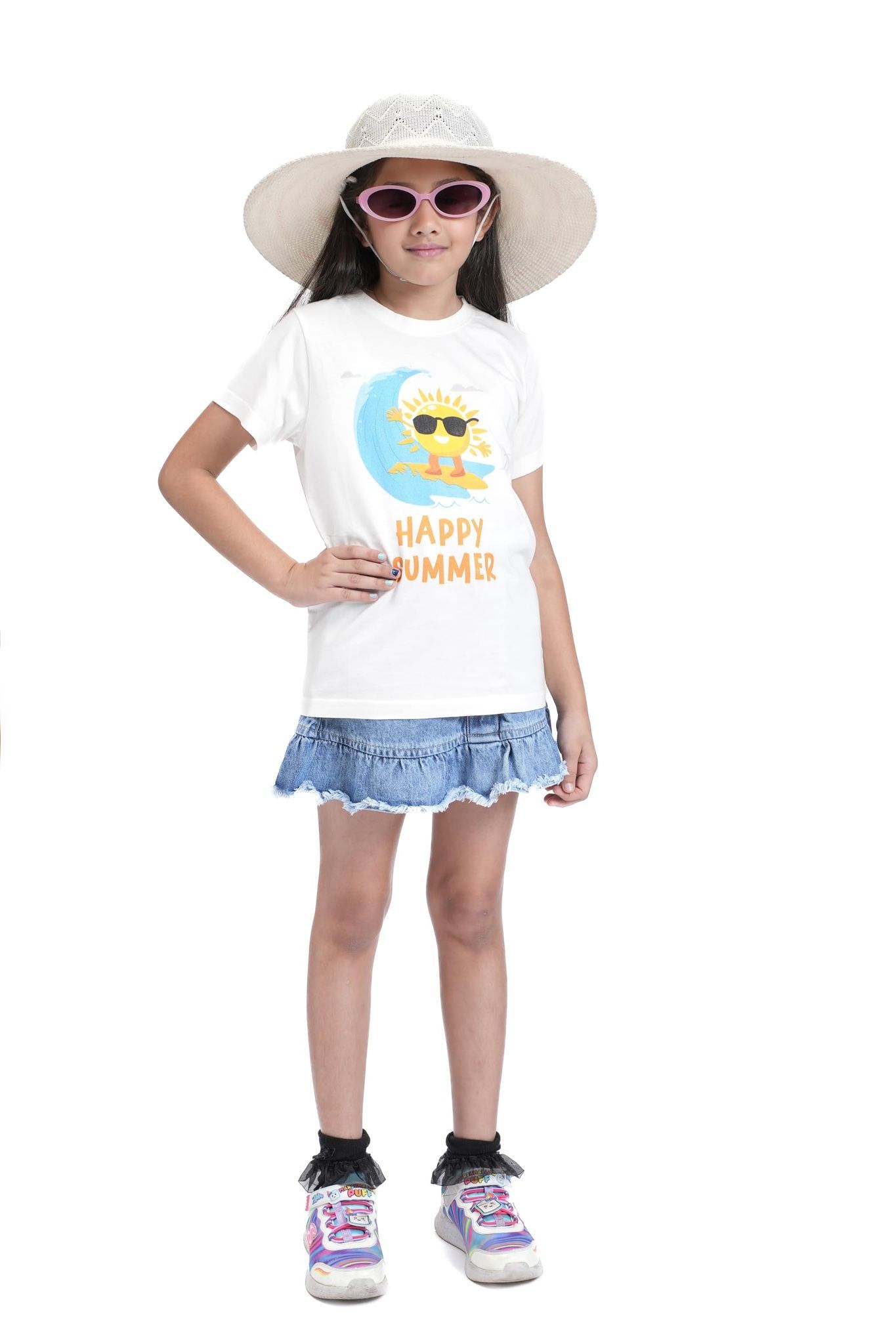 KUCHU Kids Graphic Printed T-Shirt | Happy Summer | Cotton Modal Fabric | Soft & Skin-Friendly | Everyday Casual Wear for Boys & Girls (in, Age, 6 Years, 7 Years, Regular, White)