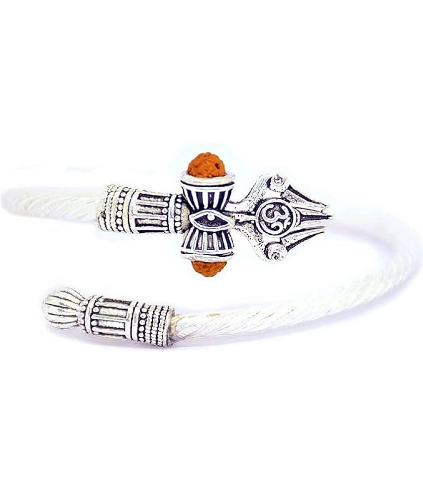 Rudradivine Designer Silver Oxidized Shiva Trishul Rudraksha Damru Kada Bracelet Bangle for Men and Boys Silver Trishul Damroo Designer Kada Bracelet Bangle for Women and Men (Flexible)