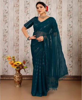 Women's Chiffon Fabric Line Saree with Unstitched Blouse (Teal Blue, 5-6 Mtrs)