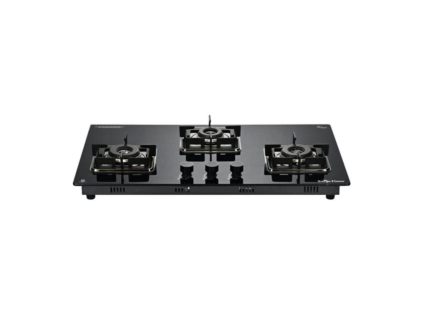 Surya Flame Galaxy Built-in Hob 3 Burner, Sabaf Italy Burners & Valves, Micro Switch Auto Ignition, 8mm Glass, Slim 30mm Profile, Heavy Duty - Black