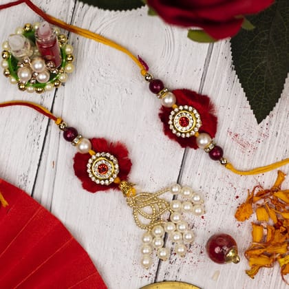 Craftlayout Lumba Red Pearl Rakhi For Brother and Bhabhi, Gift Hamper