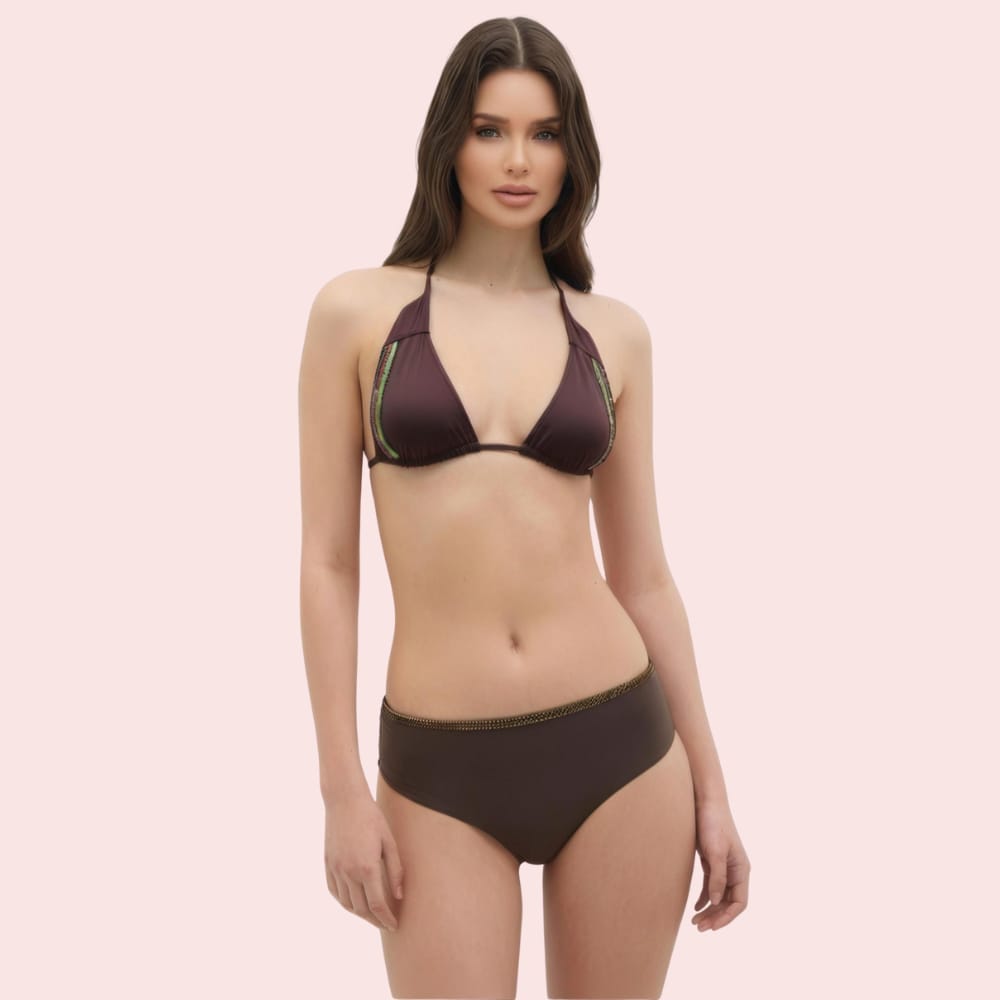 Espresso Dream Embellished Trim Triangle Bikini Topa (Top Only)
