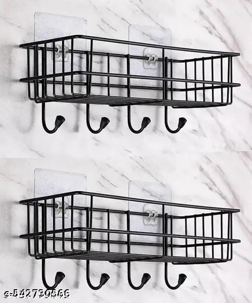 Mkhome bathroom rack bathroom shelves kitchen storage self adhesive bathroom shelf and shampoo holder with 4 hook adhesive shower caddy metal shelf pack of 2