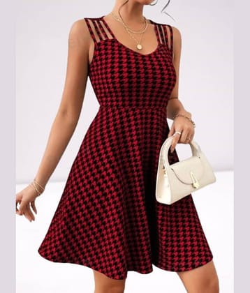 Lihana Women Lycra Printed Fit & Flare Dress ( Maroon )