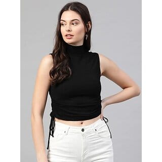 SHE PURE LUXURY WEAR Casual Sleeveless Self Design Women Black Top