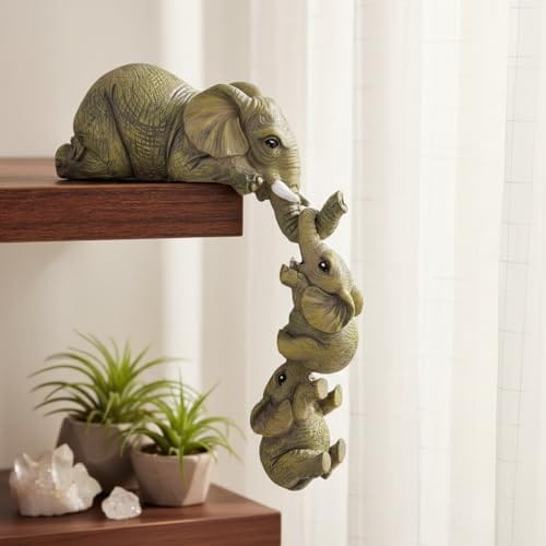 Decor for Shelf Edge – Hanging Elephant Family Statue, Resin Animal Sculpture, Cute Home Decor Accent, Desk &