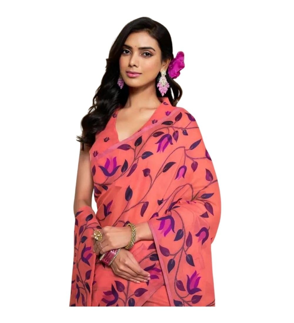 DARSHANS Women's Georgette Printed Saree With Unstitched Blouse 5.5Mtr (Peach)-PID65158