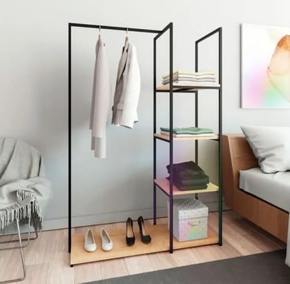 Four shelfs one hanging easy to move garment storage and hanging rack metal and plywood Portable black height 5 feet and width 4 feet