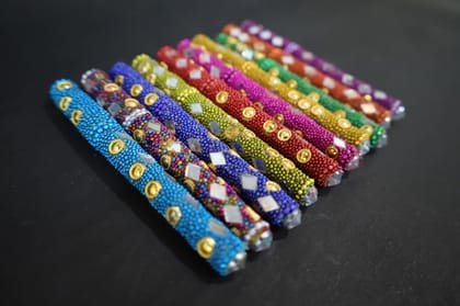 Decorative Beaded Pen Set, 10 Vibrant Colours with Mirror and Gold Accents (Pack of 10)