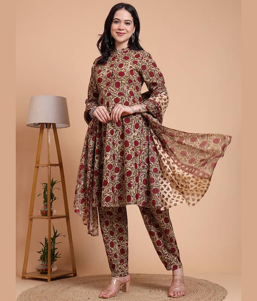 Yash Gallery Women Cotton Printed Anarkali Kurti With Pants ( Maroon )