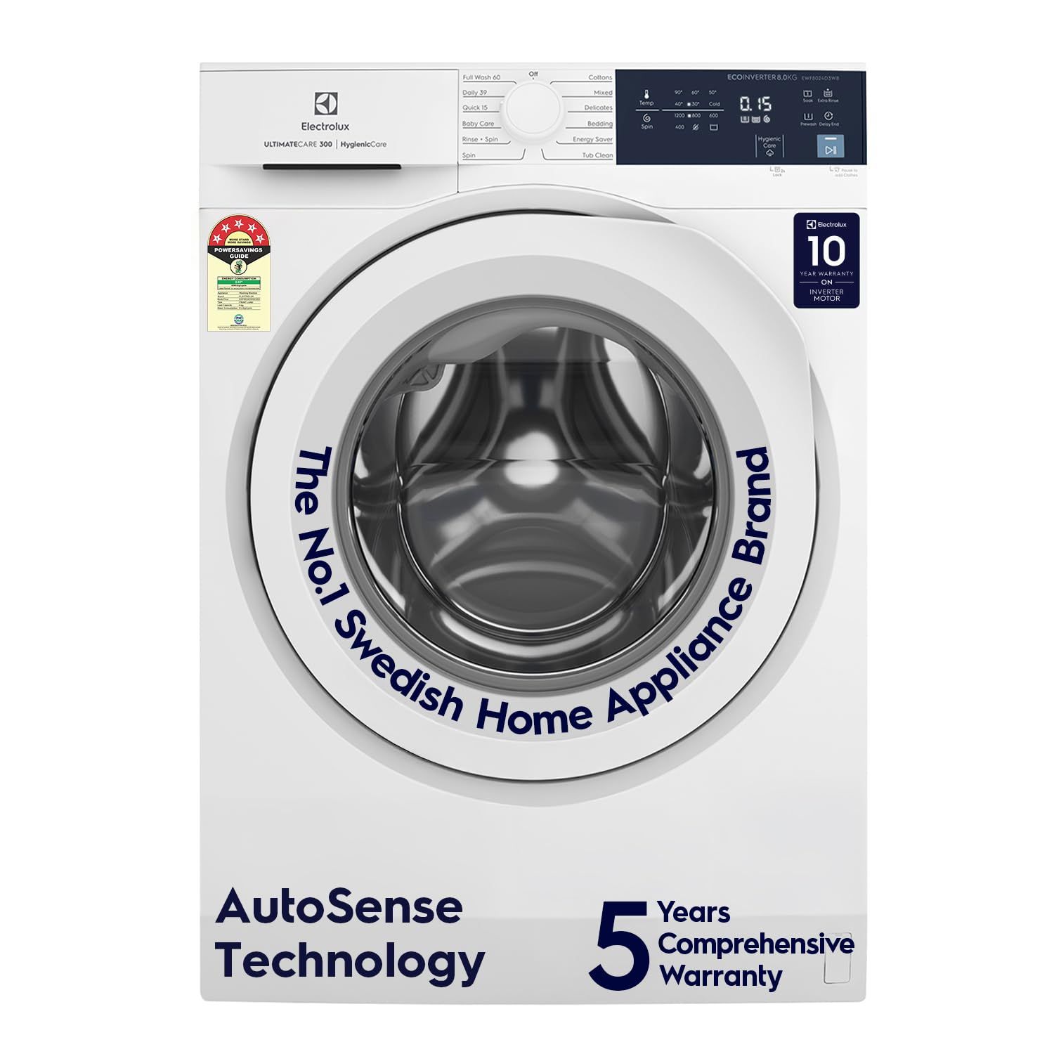 Electrolux 8kg 5 Star Front Load Washing Machine, AutoSense Technology, Full Load Vapour Wash, Hygienic Care, EcoInverter Motor, UltimateCare 300, EWF8024D3WB, White Electrolux 8kg 5 Star Front Load Washing Machine, AutoSense Technology, Full Load Vapour