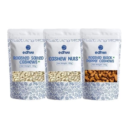Edhwi Nuts Salted, Pepper & Plain Cashew Pack of 3, 80gram Each Combo
