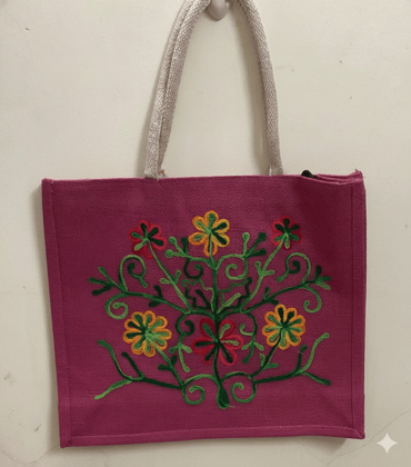 Pink Premium Jute Bag with Flower and Elephant Design for Return Gifts