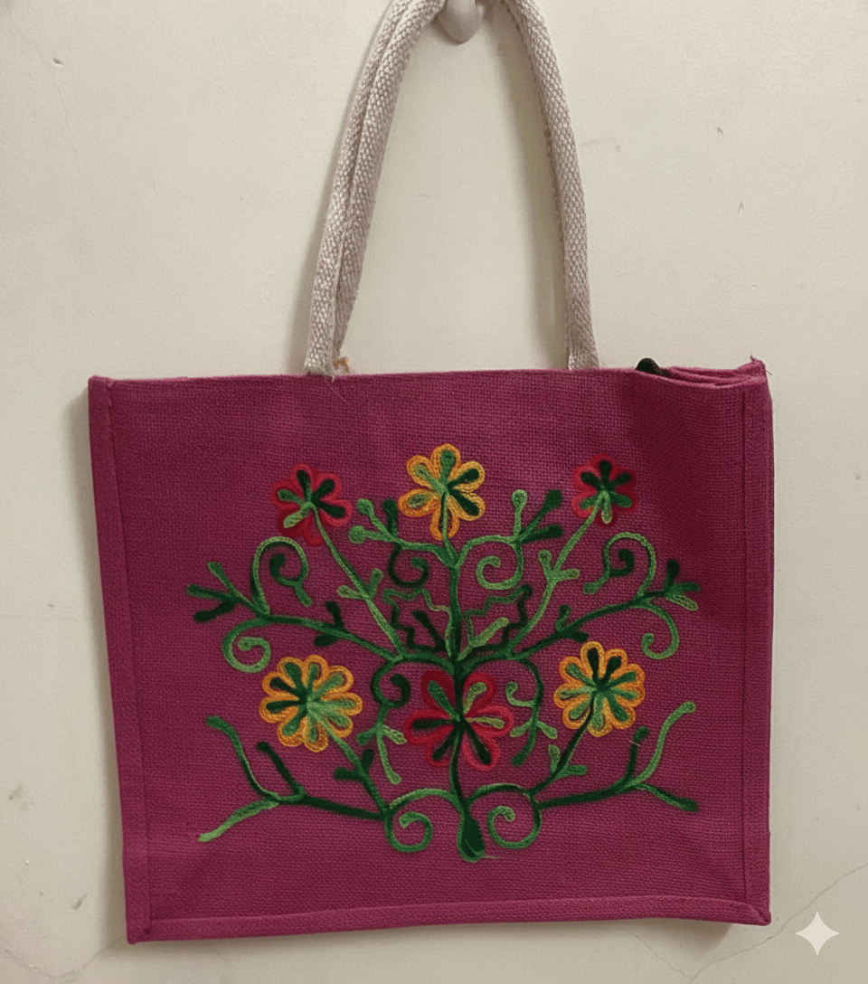 Pink Premium Jute Bag with Flower and Elephant Design for Return Gifts