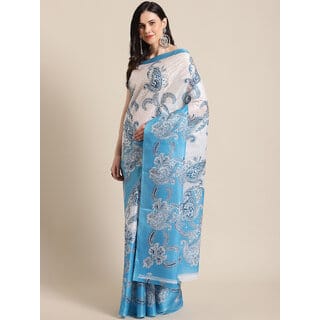 Svb Sarees Blue Taffeta Block Print Art Silk Saree Without Blouse