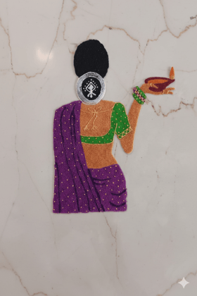 Madhura’s Creations Traditional Woman with Diya Rangoli Patch (Approx. 25 × 12 cm) on Plastic Sheet | Purple Colour Ethnic Design | Real Rangoli Colours | Reusable | Single Piece