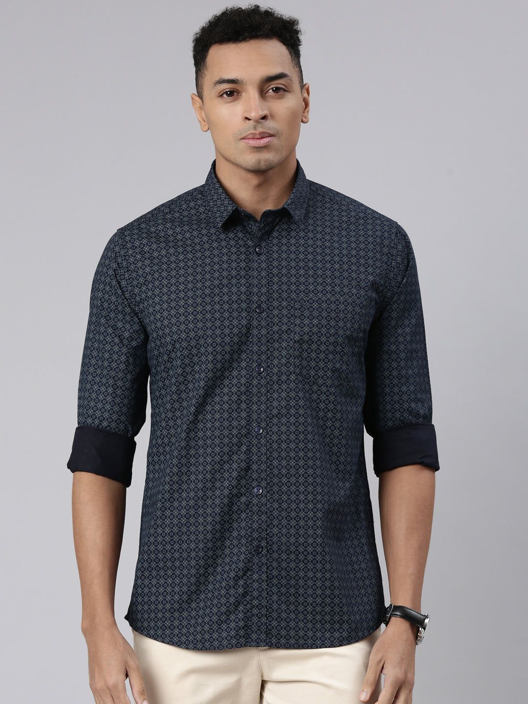 Classic Polo Men's Full Sleeve Navy Blue Polo Neck Cotton Slim Fit Casual Shirt | SP2-CL-58 B-FS-PRT-SF