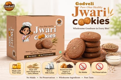 Godveli Pure Ghee Healthy Jwari Cookies (200g) | Wholesome Jaggery & Choco Chips | Traditional Snack