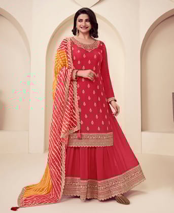 designer red chinon straight suit for women ethnic wear