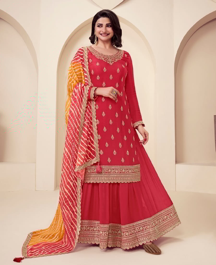 designer red chinon straight suit for women ethnic wear