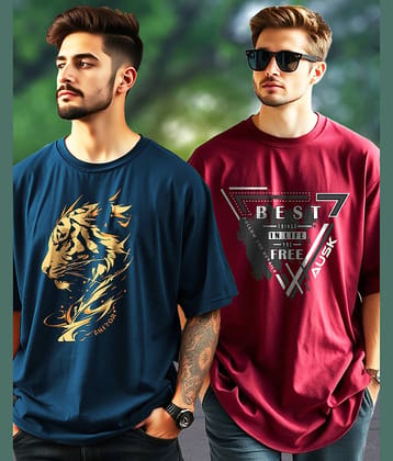 AUSK Men Cotton Blend Oversized Fit Printed T-Shirt ( Teal Blue )