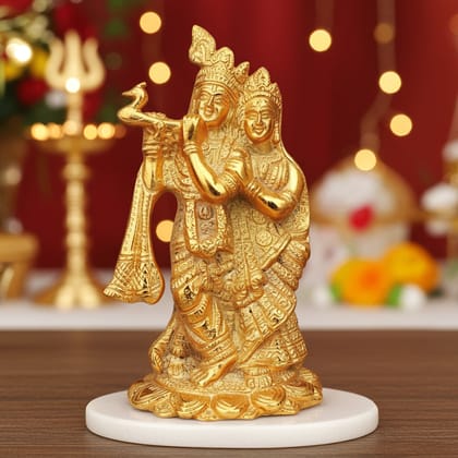 Aluminium Radha Krishna Idol � Gold Finish Home Decor Showpiece, Height : 7.5 Inch (ASMAS242 G)