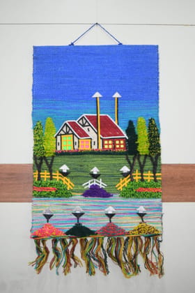 Handwoven Decorative Wall Tapestry, Countryside Village Scene with Houses, Trees, Colorful Landscape, Textile Art, Blue Handwoven Decorative Wall Tapestry, Countryside Village Scene with Houses, Trees, Colorful Landscape, Textile Art, Blue