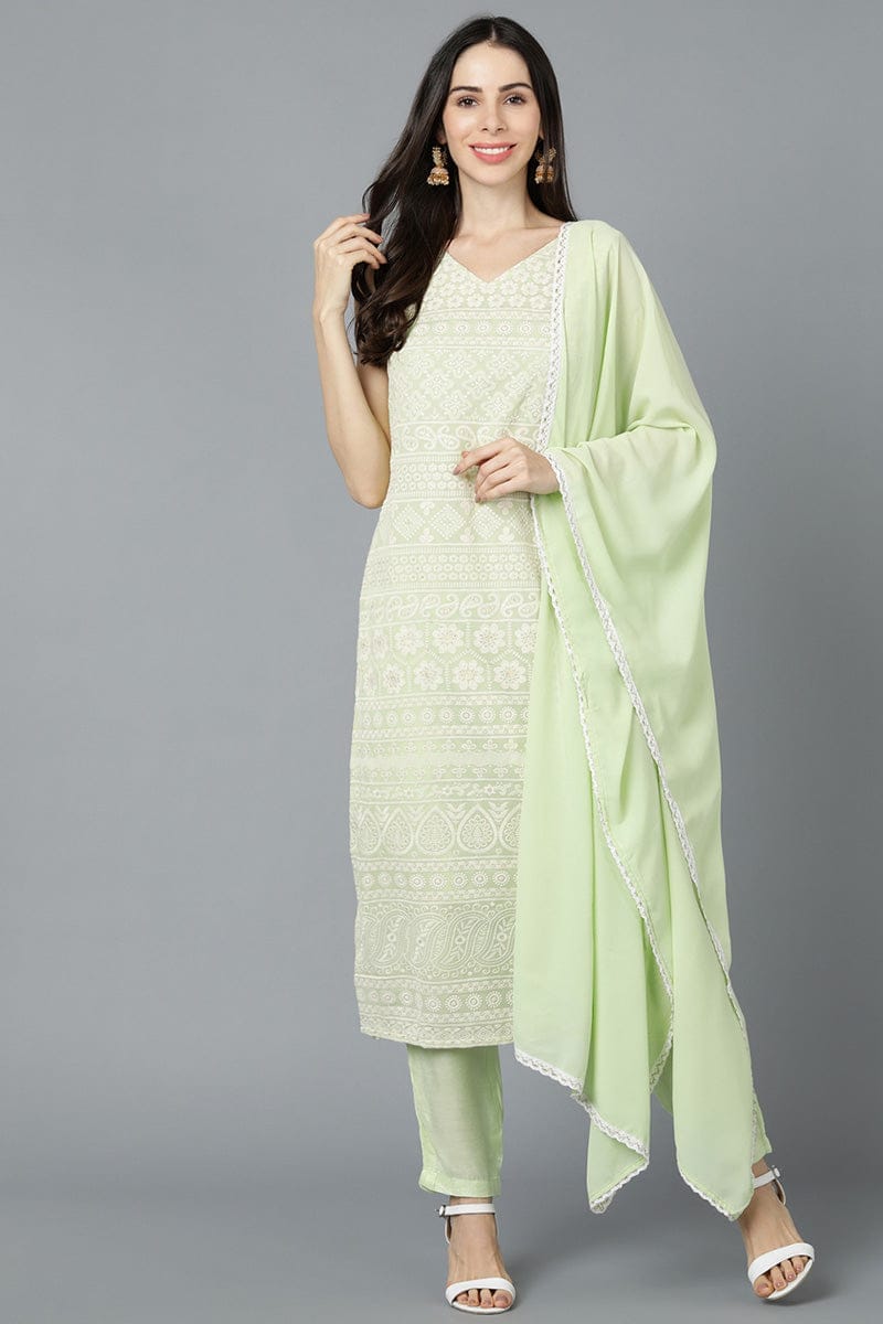 Light Green Poly Georgette Straight Kurta Pant With Dupatta Set PKSKD1456