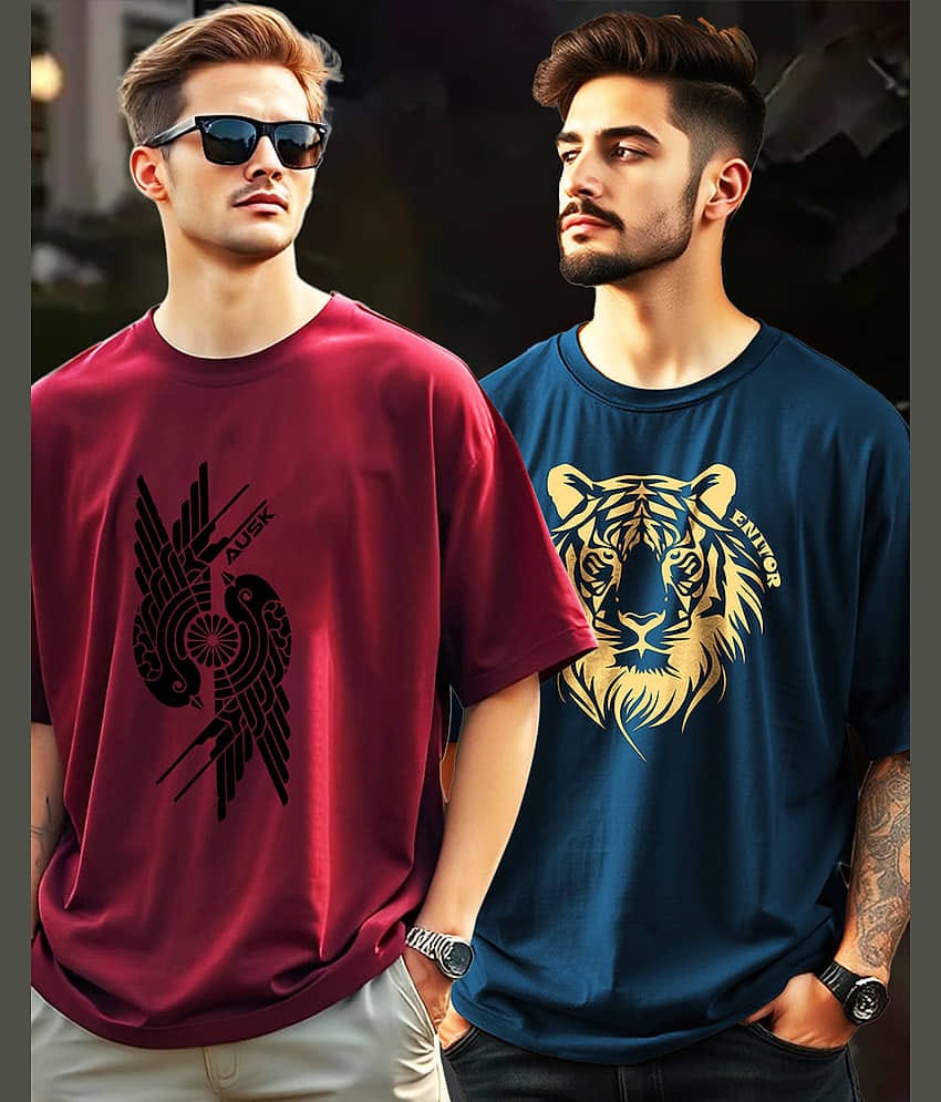AOOSH Men Cotton Blend Oversized Fit Printed T-Shirt ( Teal Blue )