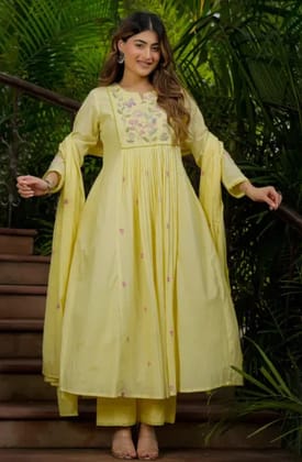Vaidehi Fashion Womens Lemon Yellow Embroidered Chanderi Silk Anarkali Kurta Set Printed Anarkali Kurta, Bottom & Dupatta Set