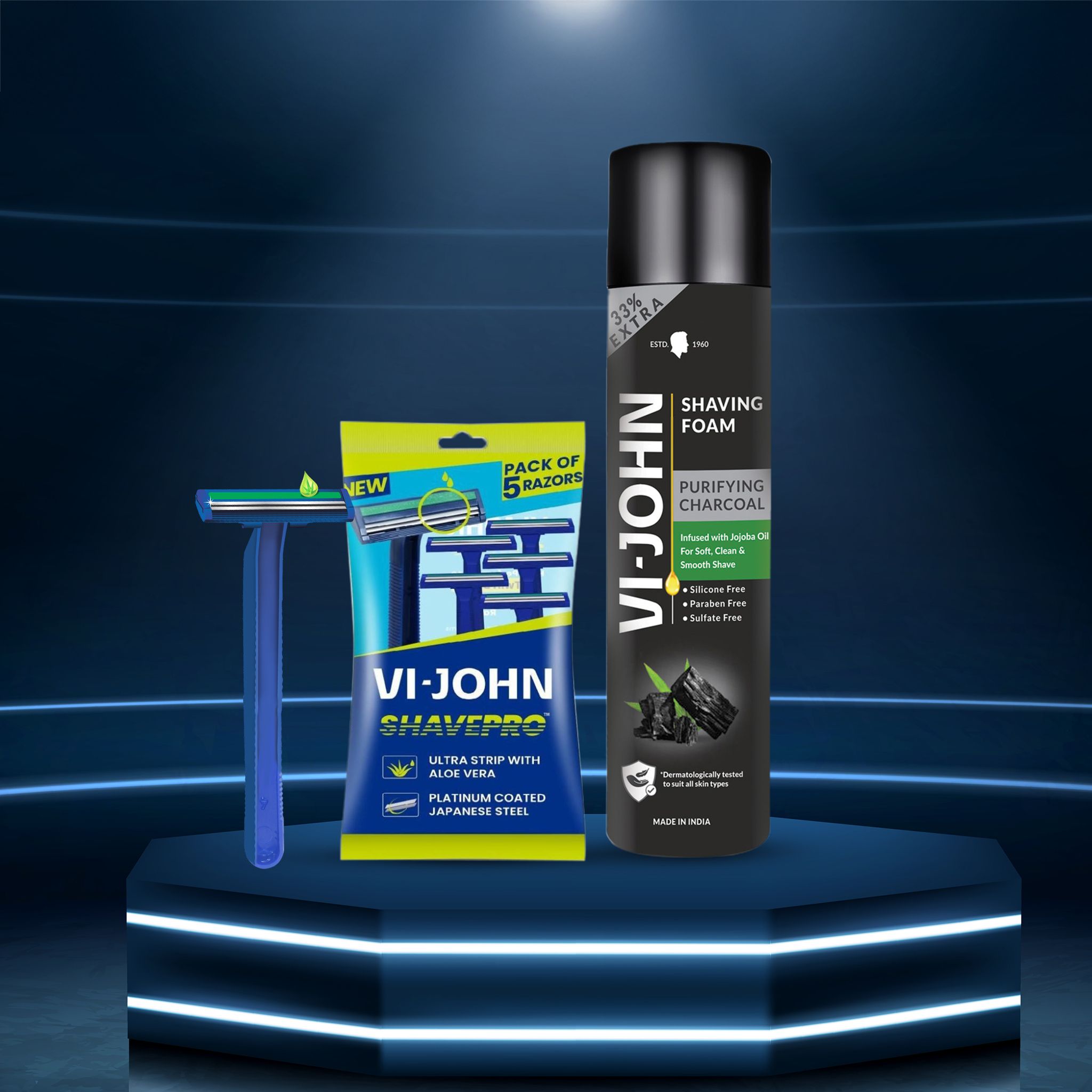 VI-JOHN Purifying Charcoal Shaving Foam 300gm and Shave Pro 2-Blade Razors Pack of 5