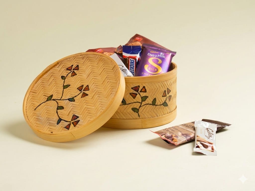 Srjana Hand Painted Bamboo Round Box Floral Decorative Storage Box Pack of 1