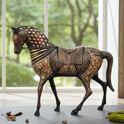 Classic Brass Horse Statue | Handmade Brass Animal Decor Showpiece, Height : 10.5 Inch (ANMAS163)