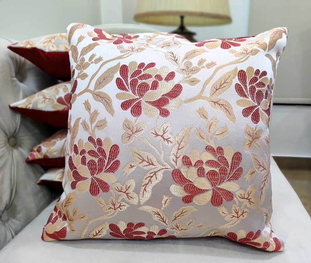 GOODVIBES Maroon White Damask/Self Design/Woven Motifs Floral Zipper Square Combo Cushion Covers (16x16 inch or 40 x 40 cm) Set of 5