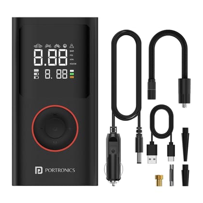 Portronics Vayu, 2-in-1 Tyre Inflator, Rechargeable & Corded Power, Preset Inflation Modes, Digital Display, Flashlight Torch with SOS, Auto Shut-Off, Multi-Purpose Use