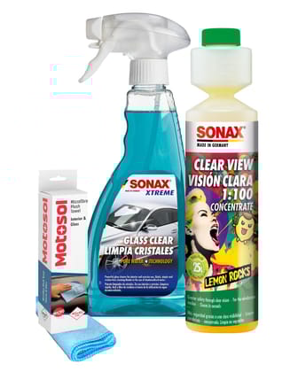 SONAX Monsoon Care Kit - Xtreme Glass Clear, 500ml Lemon Rocks Clear View 250ml, Motosol Microfiber Cloth Glass & Interior | Streak-Free Visibility Rain & Fog | Windshield Cleaning Liquid Shampoo