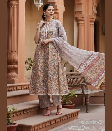 Vaamsi Women Cotton Printed Anarkali Kurti With Palazzo ( Yellow )