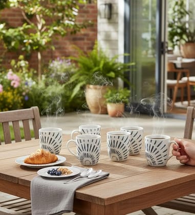 Table & Tale Premium Porcelain Mug with Blue Elegant Pattern | Made in Sri Lanka | Vegan | Vegan, Bone-Ash Free | Durable, Scratch-Resistant | Ideal for Coffee, Tea & Gifting | Set of 6