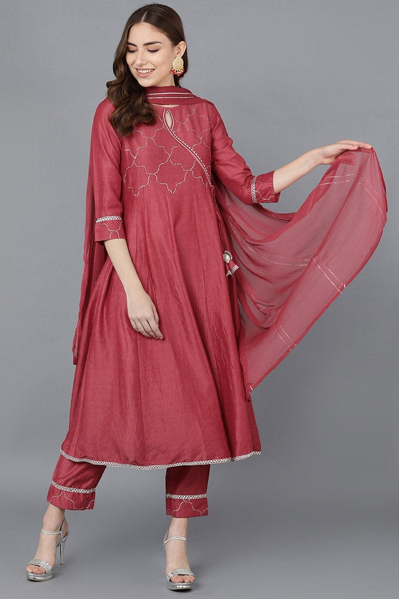 Ahika Women Red Poly Silk Embroidered Kurta Trousers With Dupatta PKSKD1506