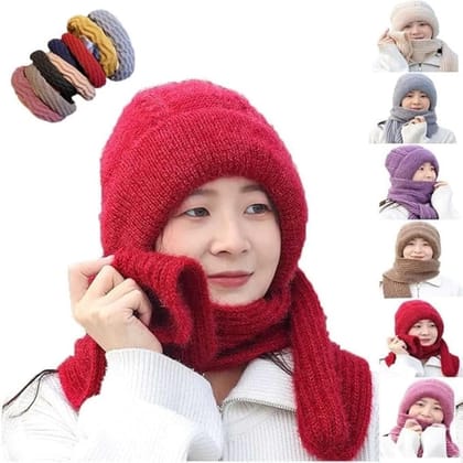 Women’s Soft Knitted Woollen Winter Hat & Muffler Combo | Warm Beanie Cap with Integrated Neck Scarf | Windproof Ear Protection | 2-in-1 Winter Wear for Girls & Ladies – Multicolor