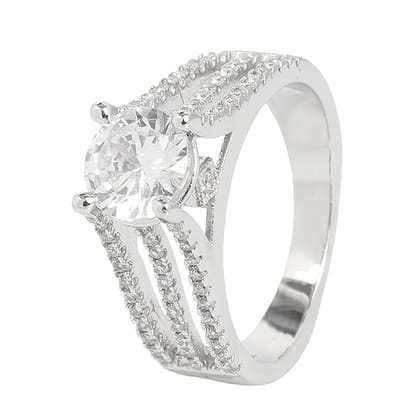 925 Sterling Silver Solitaire Ring with Cubic Zirconia | Multi-Row Pavé Band Engagement Ring for Women I Weight - 4.75 g