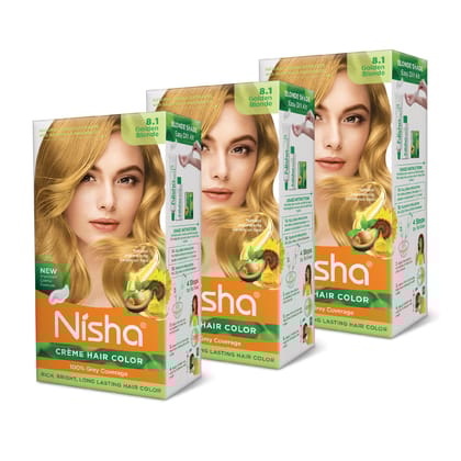 Nisha Creme Hair Color 8.1 Golden Blonde 120g Pack of 3, Permanent Hair Colour for Women & Men, Long Lasting Hair Color