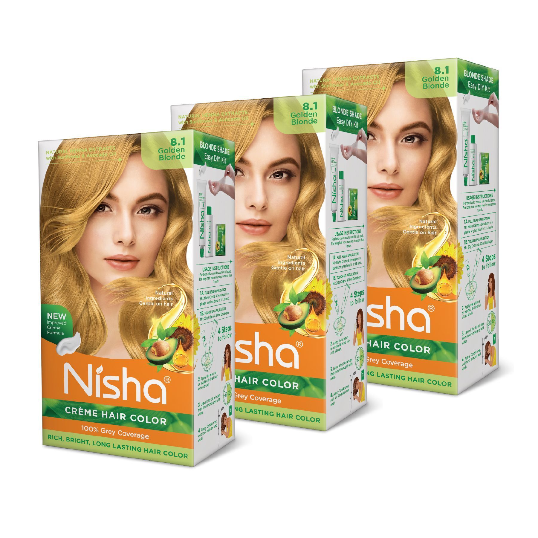 Nisha Creme Hair Color 8.1 Golden Blonde 120g Pack of 3, Permanent Hair Colour for Women & Men, Long Lasting Hair Color
