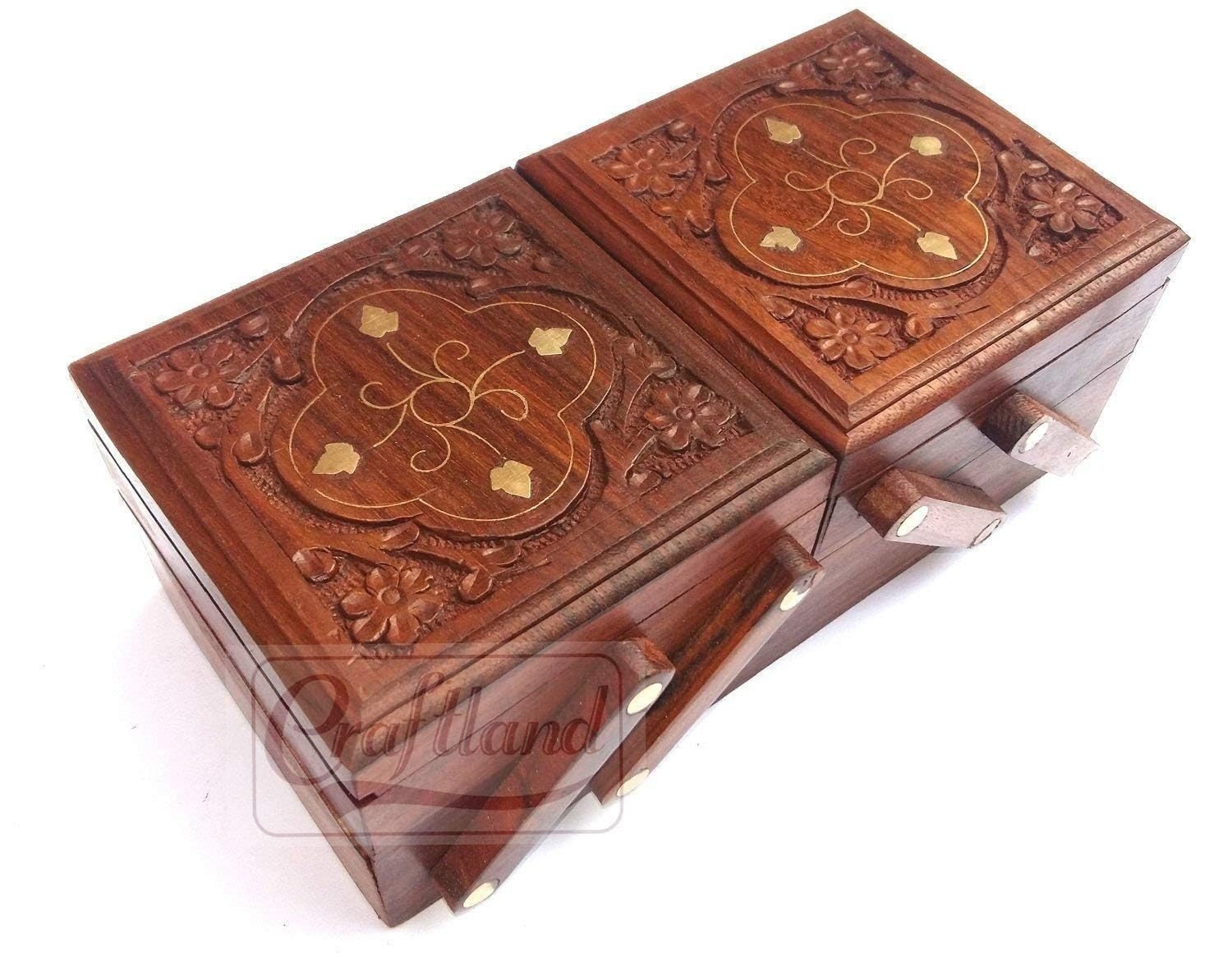 Jewellery Box (Brass n Carving) for Women/girls Flip Flap Handmade Gift, 8 Inches