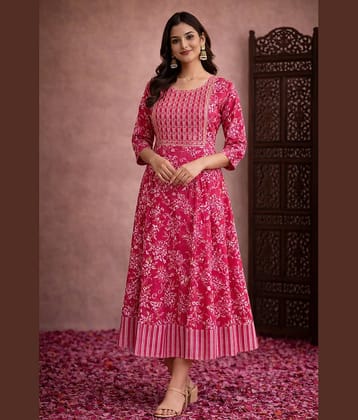 Aarika Women Cotton Blend Embroidered Fit & Flare Dress ( Pink )