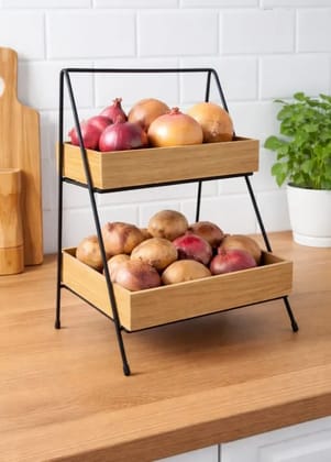 Two-Tier Wooden Storage Rack with black iron metal powder coated and orignal polished wood storage bucket frame for vegetables, fruits, kitchen products, room products etc adjust in many places with height 16inch width 14inch depth 9inch