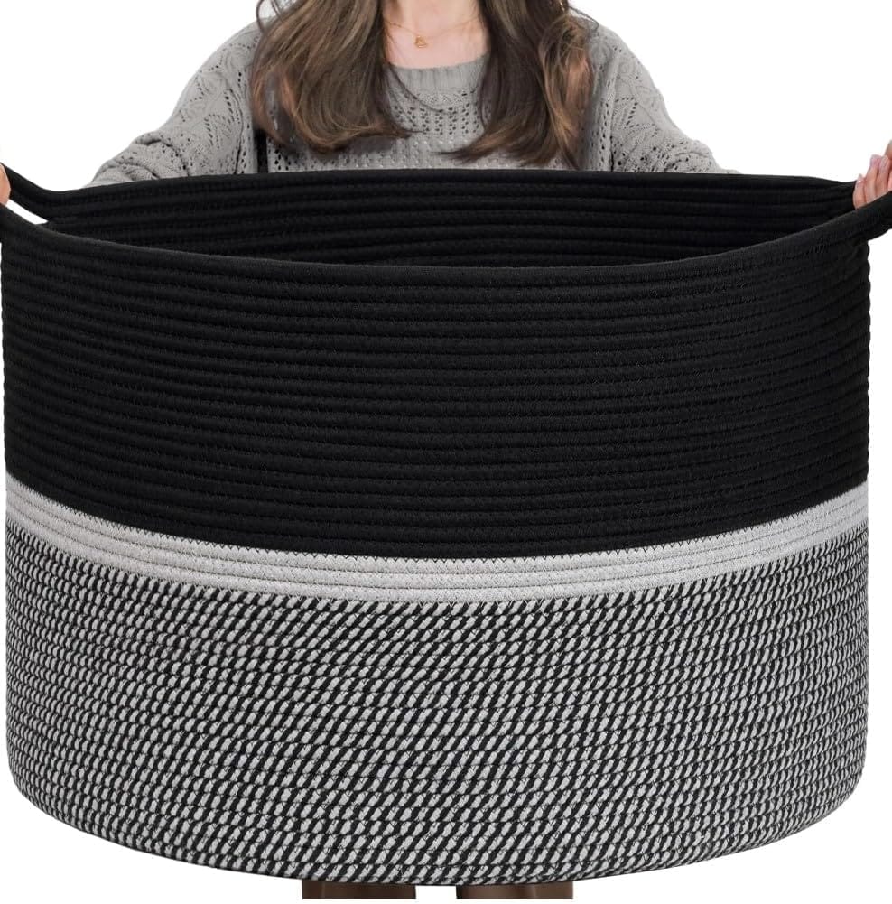Generic Cotton Dori 16x14 Inch Storage Basket For Clothes With Out Lid (Black-Black-White)-PID66404