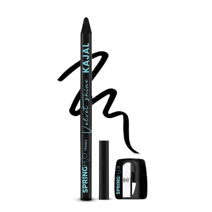 Spring H2O Velvet Shine Kajal Pencil Intense Black | With Avacado Oil and Vitamin E | Longlasting Waterproof and Sumdgeproof | Suitable for Sensitive Eyes | Includes Sharpener- 1.5gm