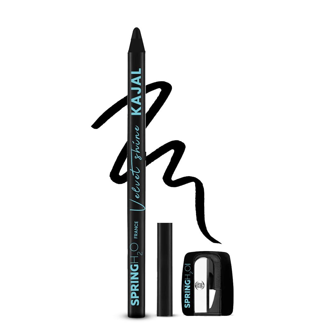 Spring H2O Velvet Shine Kajal Pencil Intense Black | With Avacado Oil and Vitamin E | Longlasting Waterproof and Sumdgeproof | Suitable for Sensitive Eyes | Includes Sharpener- 1.5gm